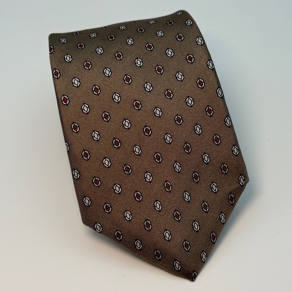 Hardy Amies Silk Tie OS Bronze Geometric Medallion Classic Preppy Business Tie
